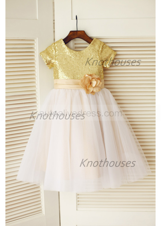 Short Sleeves Gold Sequin Ivory Tulle Knee Length Flower Girl Dress